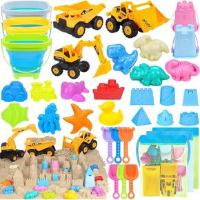 Beach Toys, 35Pcs Sand Toys, Sandbox Toys with 3 Truck 3 Collapsible Beach Bucket, Sand Castle Toys Kit, Animal Dinosaur Molds, Shovel Set, Mesh Bag, Travel Toys for Kids Toddlers Boys Girls