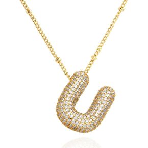 Bubble Letter Necklace Gold for Women, Charm Balloon Initial Cubic Zirconia Alphabet 18K Pendant Necklaces for Teen Girls Valentines Birthday Christmas Dainty Gifts Jewelry