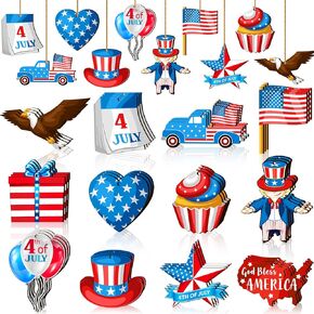 Marsui 36 Pcs Patriotic Hanging Ornaments for Tree 4th of July Wood Decor Labor Day Independence Wooden Ornaments with Ropes Star USA Flag Gnome Red White and Blue Decorations Memorial Day(Vintage)