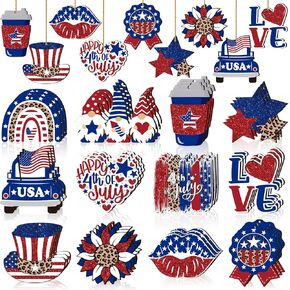 Marsui 36 Pcs Patriotic Hanging Ornaments for Tree 4th of July Wood Decor Labor Day Independence Wooden Ornaments with Ropes Star USA Flag Gnome Red White and Blue Decorations Memorial Day(Vintage)