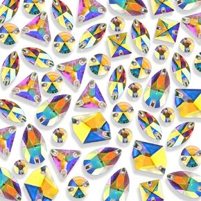 Sew on Rhinestones 48Pcs Mixed Shape Flat Back Crystal Rhinestones with 2 Holes Sewing Glass K9 Gems Rhinestone for Crafts,Clothes Crafts,Dress,Costume,Garment Crystal AB White