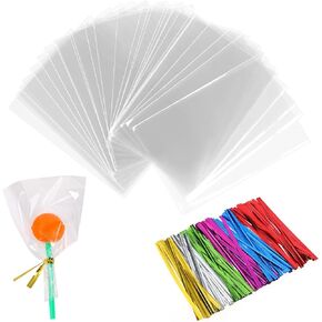 200 PCS Cake Pop Wrappers Clear Candy Bags, Plastic Candy Bags with Ties Cake Pop Packaging, Cake Pop Sticks and Wrappers Small Bags for Cake Candy Parties and Handicrafts（4" X 3"）