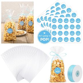 Menkxi 100 Pack Clear Popcorn Bags Bulk 4.92 x 10.83 Inch Cellophane Treat Bags with She Is Going to Pop Label and Ribbon Plastic Popcorn Bags for Gift Wrapping, Food Storage, Baby Shower Decor(Blue)