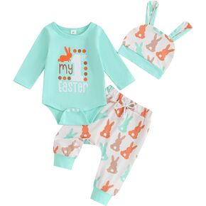 Newborn Baby Boy Girl Easter Day Clothes Set Long Sleeve Rabbit Romper Long Pants Hat My First Easter Outfits
