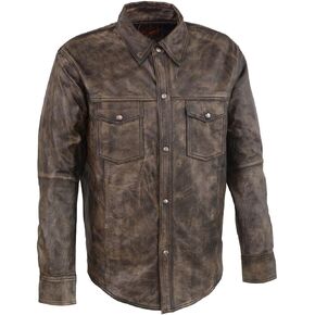 Milwaukee Leather MLM1605 Men's 'Button Down' Distressed Grey Lightweight Casual Biker Leather Shirt