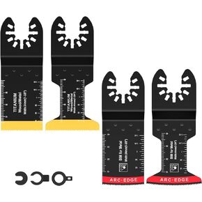 GUANSHANG 4Pcs Titanium Bi-Metal Oscillating Saw Blade Multipurpose Arc Edge Oscillating Multitool Blades Precise Cutting Oscillating Tool Blades Set with 3 Spacer Adapters for Cutting Wood OT(4PCS)