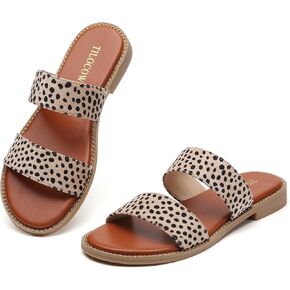Tilocow Women's Summer Dressy Flat Sandals with Rivet Trim | Studded Slides, Lightweight Double Straps, Non-Slip Sole, Cushioned Insole, Beach Essentials, Casual Daily Wear, Travel in Saudi Arabia