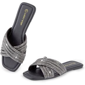 LUCKY STEP Women's Rhinestone Flat Sandals Open Toe Summer Glitter Bling Sparkle Dressy Slip on Outdoor Crossed Strap Slide