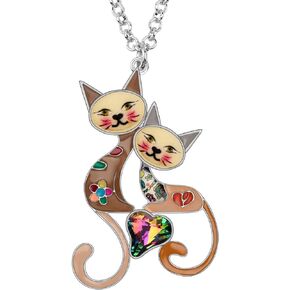 BONSNY Valentine's Day Enamel Rhinestone Couples Lover Cat Necklaces Pendant for Women Jewelry