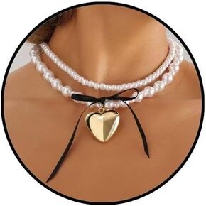 Love Heart Pendant Necklace Imitation Pearl Y2k Bow Necklace Chunky Cool Hip Hop Layered Necklace For Women Girls Fashion Jewelry Gift