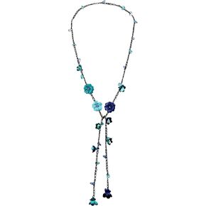 AeraVida Chic Blue Daisy Floral Mix Stone Genuine Leather Lariat Wrap Necklace