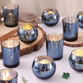 DEVI 12PCS Assorted Blue Votive Candle Holders, Mercury Tealight Candle Holder Glass, Wedding Table Decorations for Home Party, Navy Blue Birthday Graduation Rehearsal Party Dinner Decorations