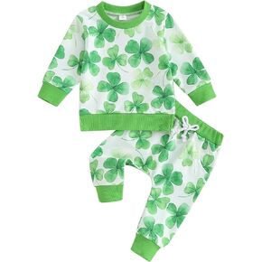Lamuusaa Newborn Baby Girl Boy St. Patricks Day Outfit Four Leaf Clover Crewneck Sweatshirt Long Pants Clothes Set