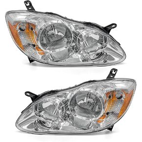 Compatible with 2003 2004 2005 2006 2007 2008 Toyota Corolla Headlight Assembly Chrome Housing Amber Reflector Driver and Passenger Side