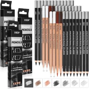 36 Pcs Professional Charcoal Pencils Extra soft, Soft, Medium, Hard, White, Brown for Drawing Charcoal Pencils Drawing Set Pastel Pencils Art Supplies for Sketching, Beginners, Artists