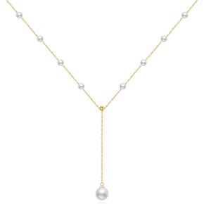 14K Real Gold Pearl Lariat Necklace for Women Girls, Drop Y-Shaped Necklace with Pearl Prom Necklace Birthday Gifts for Wife Girls Her 16+2 inch(4mm, 9mm)