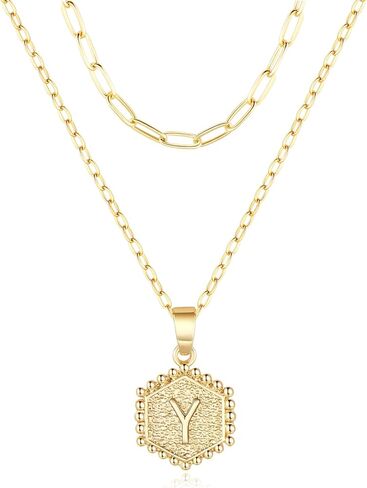 قلادة ذهبية رقيقة للنساء، قلادة طبقات مطلية بالذهب عيار 14 قيراط، قلادة جميلة بالأحرف الأولى سداسية الشكل، قلادات ذهبية هدية عصرية للفتيات والنساء in Kuwait