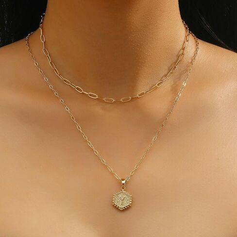 قلادة ذهبية رقيقة للنساء، قلادة طبقات مطلية بالذهب عيار 14 قيراط، قلادة جميلة بالأحرف الأولى سداسية الشكل، قلادات ذهبية هدية عصرية للفتيات والنساء in Kuwait