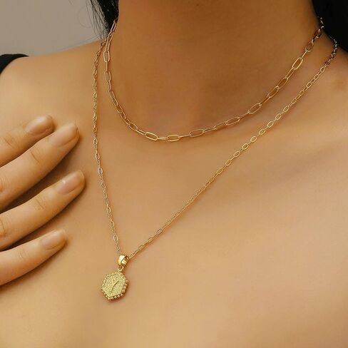 قلادة ذهبية رقيقة للنساء، قلادة طبقات مطلية بالذهب عيار 14 قيراط، قلادة جميلة بالأحرف الأولى سداسية الشكل، قلادات ذهبية هدية عصرية للفتيات والنساء in Kuwait