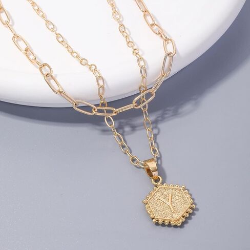 قلادة ذهبية رقيقة للنساء، قلادة طبقات مطلية بالذهب عيار 14 قيراط، قلادة جميلة بالأحرف الأولى سداسية الشكل، قلادات ذهبية هدية عصرية للفتيات والنساء in Kuwait