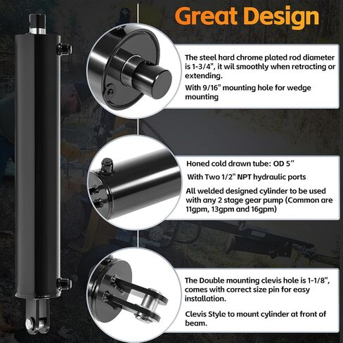 Hydraulic Log Splitter Cylinder 4.5" Bore x 24" Stroke x 1.75" Rod - Heavy Duty Double Acting Hydraulic Cylinder - Clevis Style Mount Universal Hydraulic Cylinder (4.5x24) in Saudi Arabia