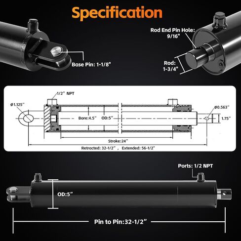 Hydraulic Log Splitter Cylinder 4.5" Bore x 24" Stroke x 1.75" Rod - Heavy Duty Double Acting Hydraulic Cylinder - Clevis Style Mount Universal Hydraulic Cylinder (4.5x24) in Saudi Arabia