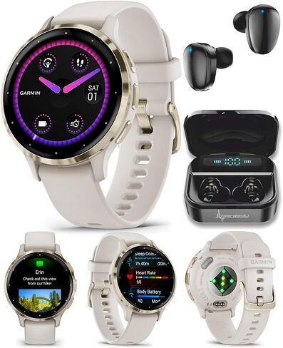 Garmin Venu 3 GPS Smartwatch AMOLED Display 45 mm Watch, Advanced Health and Fitness Features, Up to 14 Days of Battery, Wheelchair Mode, Sleep Coach, Black with Black Earbuds Bundle in Kuwait