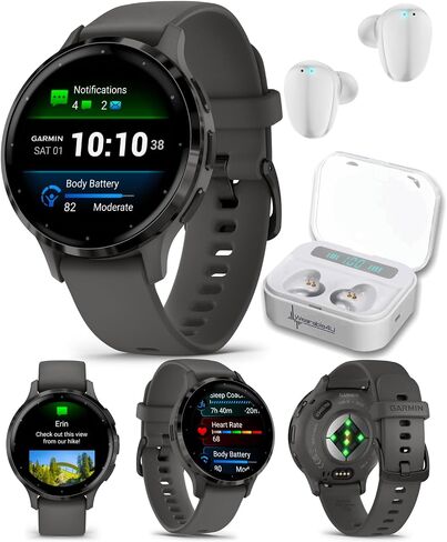 Garmin Venu 3 GPS Smartwatch AMOLED Display 45 mm Watch, Advanced Health and Fitness Features, Up to 14 Days of Battery, Wheelchair Mode, Sleep Coach, Black with Black Earbuds Bundle in Kuwait