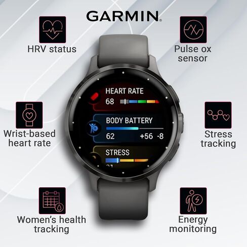 Garmin Venu 3 GPS Smartwatch AMOLED Display 45 mm Watch, Advanced Health and Fitness Features, Up to 14 Days of Battery, Wheelchair Mode, Sleep Coach, Black with Black Earbuds Bundle in Kuwait
