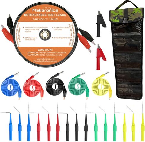 سلكان 30FT 18AWG يؤدي اختبار قابل للسحب مع حقيبة تخزين قابلة للطي | 15 قطعة مجسات خلفية 30 فولت | 5 قطع 4 مم من قابس الموز إلى أسلاك اختبار الدائرة بمشبك التمساح (39.37 بوصة) | قطعتان من مشابك التمساح in Kuwait