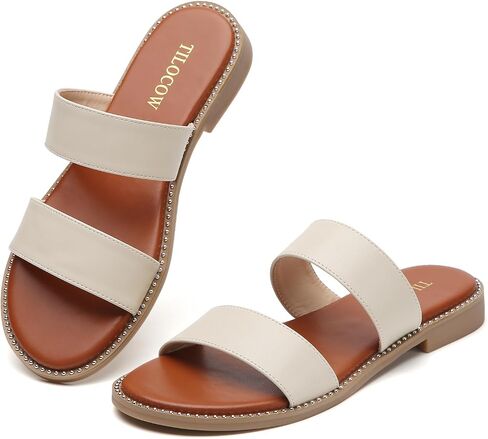 Tilocow Women's Flat Sandals with Rivets Inlaid Slip on Sandals Two Strap Casual Summer Slide Shoes in Saudi Arabia