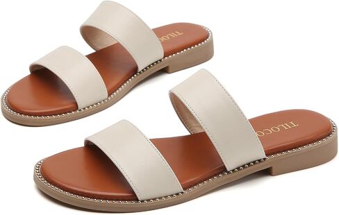 Tilocow Women's Flat Sandals with Rivets Inlaid Slip on Sandals Two Strap Casual Summer Slide Shoes in Saudi Arabia