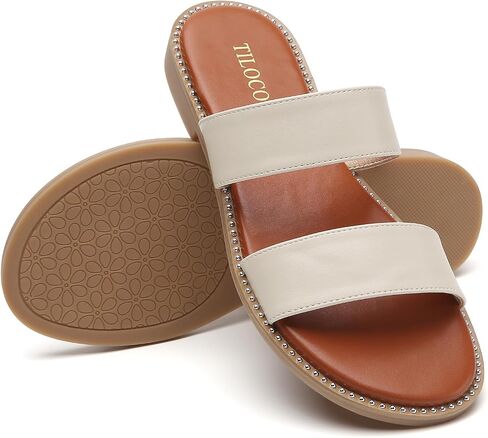 Tilocow Women's Flat Sandals with Rivets Inlaid Slip on Sandals Two Strap Casual Summer Slide Shoes in Saudi Arabia