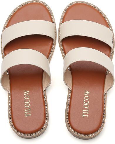 Tilocow Women's Flat Sandals with Rivets Inlaid Slip on Sandals Two Strap Casual Summer Slide Shoes in Saudi Arabia