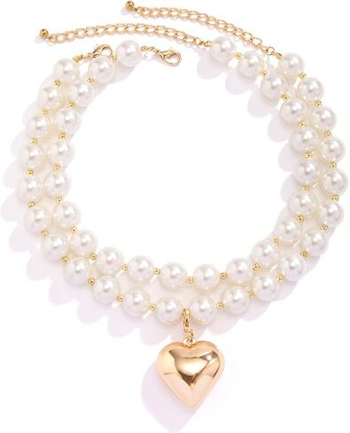 Y2k Beaded Chain Link Necklace Puffy Heart Charm,Layered Fake Pearl Beads Necklace Heart-shaped Pendant Chunky Chain Necklace Vintage Statement Fashion Jewelry for Women Girls in Saudi Arabia