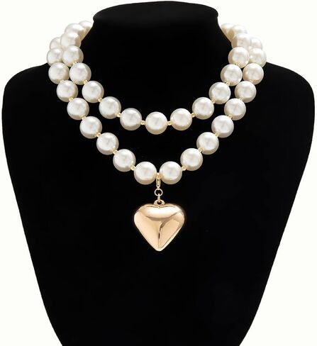 Y2k Beaded Chain Link Necklace Puffy Heart Charm,Layered Fake Pearl Beads Necklace Heart-shaped Pendant Chunky Chain Necklace Vintage Statement Fashion Jewelry for Women Girls in Saudi Arabia