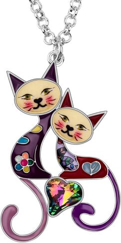 BONSNY Valentine's Day Enamel Rhinestone Couples Lover Cat Necklaces Pendant for Women Jewelry in Kuwait