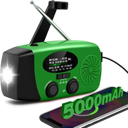 5000mAh Portable Emergency Radio, Hand Crank Solar Radio, NOAA Weather Radio, AM/FM Wind Up Survival Radio, SOS Alarm, LED Flashlight, Cell Phone Charger & 3.5mm Earphone Jack (Green) in Saudi Arabia