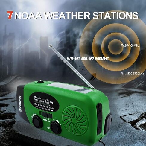 5000mAh Portable Emergency Radio, Hand Crank Solar Radio, NOAA Weather Radio, AM/FM Wind Up Survival Radio, SOS Alarm, LED Flashlight, Cell Phone Charger & 3.5mm Earphone Jack (Green) in Saudi Arabia