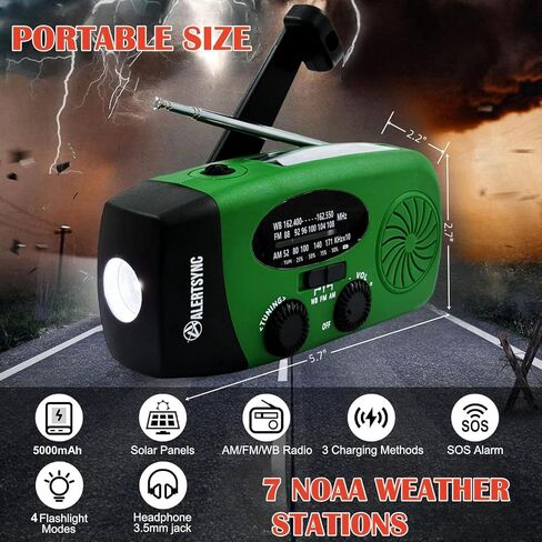 5000mAh Portable Emergency Radio, Hand Crank Solar Radio, NOAA Weather Radio, AM/FM Wind Up Survival Radio, SOS Alarm, LED Flashlight, Cell Phone Charger & 3.5mm Earphone Jack (Green) in Saudi Arabia