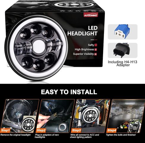 مصباح أمامي للدراجات النارية مقاس 7 بوصة من AUTOOMMO مع DRL Halo Angel Eyes وإشارة الانعطاف، متوافق مع Harley Davidson Street Glide Electra Glide Fat Boy Road King Heritage Softail Yamaha Road Star in Kuwait