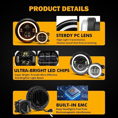 استبدال المصابيح الأمامية Auxbeam 7 بوصة LED لـ 1997-2018 Jeep Wrangler JK JKU Unlimited TJ LJ CJ، مصابيح أمامية مستديرة 7 بوصات لروبيكون سبورت صحارى بيتربيلت، المصابيح الأمامية H6024 مع DRL وإشارة الانعطاف العنبر in Saudi Arabia