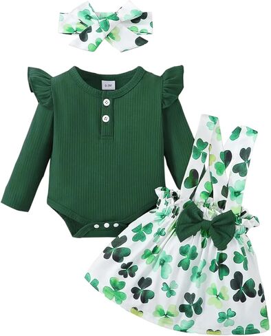Let's Do Dis Newborn Infant Baby First St Patrick's Day Ruffle Romper Suspender Skirt Set Clover Printing Dress Outfit Suit in Saudi Arabia