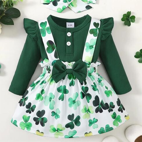 Let's Do Dis Newborn Infant Baby First St Patrick's Day Ruffle Romper Suspender Skirt Set Clover Printing Dress Outfit Suit in Saudi Arabia