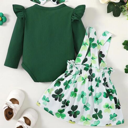 Let's Do Dis Newborn Infant Baby First St Patrick's Day Ruffle Romper Suspender Skirt Set Clover Printing Dress Outfit Suit in Saudi Arabia