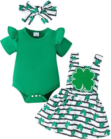 Let's Do Dis Newborn Infant Baby First St Patrick's Day Ruffle Romper Suspender Skirt Set Clover Printing Dress Outfit Suit in Saudi Arabia