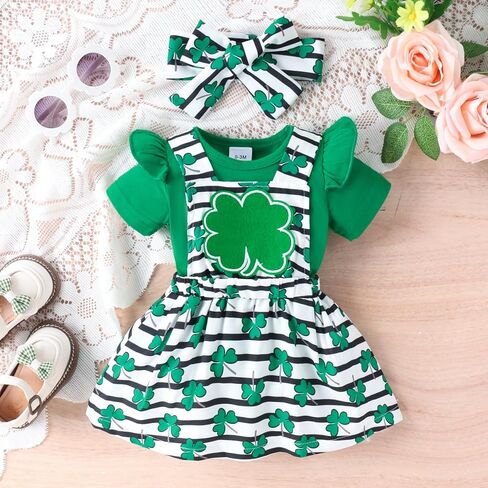 Let's Do Dis Newborn Infant Baby First St Patrick's Day Ruffle Romper Suspender Skirt Set Clover Printing Dress Outfit Suit in Saudi Arabia