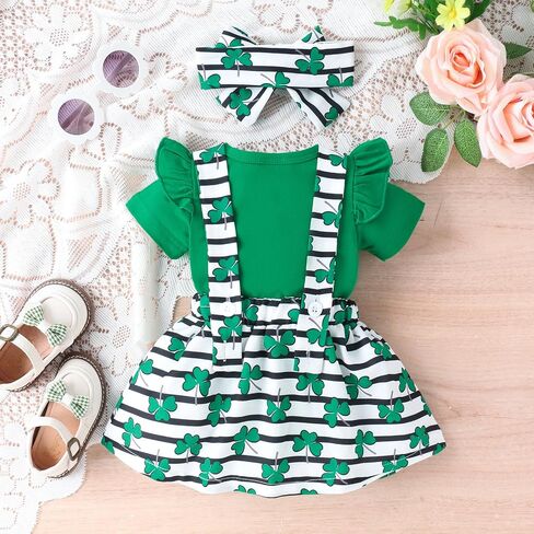 Let's Do Dis Newborn Infant Baby First St Patrick's Day Ruffle Romper Suspender Skirt Set Clover Printing Dress Outfit Suit in Saudi Arabia