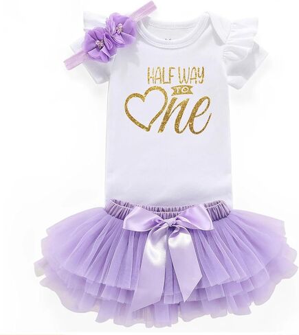 shlrzy Baby Girl Half Year Birthday Outfit Set | Half Way To First Half Birthday | Pink Bodysuit Tutu Skirt in Saudi Arabia