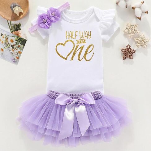 shlrzy Baby Girl Half Year Birthday Outfit Set | Half Way To First Half Birthday | Pink Bodysuit Tutu Skirt in Saudi Arabia